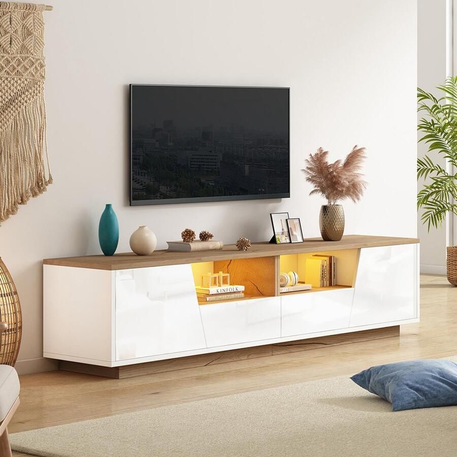 Pugsdrly TV-meubel 180*40*46 cm met 2 lades en 2 kasten TV-meubel met LED glanzend ondermeubel en tv-tafel geschikt voor tv's tot 75 inch wit + houtkleur
