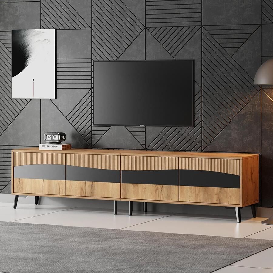 Pugsdrly TV-meubel 180*40*50 cm houtkleurig + zwarte tv-steun tv-meubel met 4 kasten woonkamermeubel met 8 steunpoten aanbevolen draagvermogen 30 kg symmetrisch ontwerp laag meubel