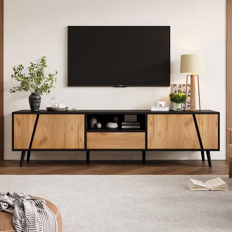 Pugsdrly Lage tv-meubel 180*40*46 cm tv-meubel met lades en 2 kasten modern en minimalistisch tv-meubel met 6 massief houten poten geschikt voor 75 inch woonkamermeubels