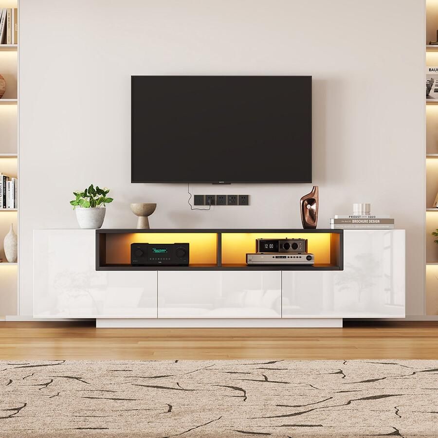 Pugsdrly TV-meubel op voet 180*40*48 cm laag meubel met LED-verlichting L-vormig tv-meubel met lades woonkamermeubel tv-meubel glanzend wit tv-meubel geschikt voor 75 inch tv's wit + zwart