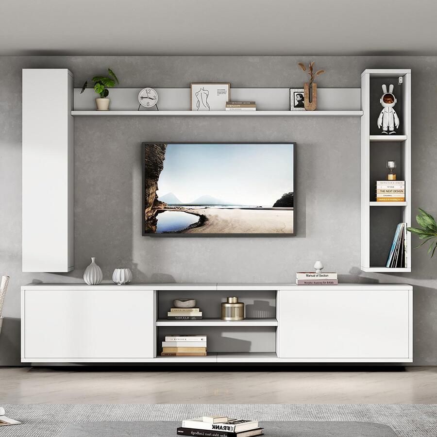 Pugsdrly TV-wandmeubel 180*35*33 5 cm met vitrines (complete set 4 delen) multimediameubel met tv-meubel staande plank en 2 wandplanken tv-woonkamermeubelset tv-meubel om neer te zetten of op te hangen tv tot 80 inch wit