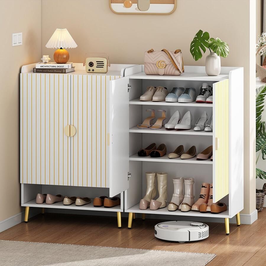 Pugsdrly Twee moderne schoenenkasten met dubbele deuren schoenenkast voor in de gang voor opslag en organisatie schoenenkast van MDF schoenenrek met drie niveaus in wit open lade onderaan 75 x 35