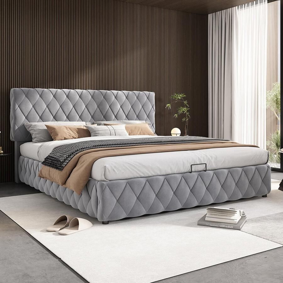 Pugsdrly Tweepersoonsbed 160 x 200 cm gestoffeerd bed met opbergruimte functioneel bed hydraulisch bed met opbergruimte gevlochten frame met houten latten eenvoudige montage fluweel grijs