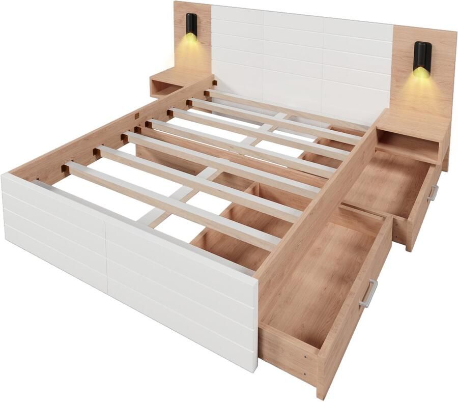 Pugsdrly Tweepersoonsbed Houten bed 140×200 cm met 2 lades hoofdeinde met leeslampje en USB-oplaadfunctie modern bed incl. 2 nachtkastjes bedframe en lattenbodem 215×80×207 cm Set in eiken wit (zonder matras)