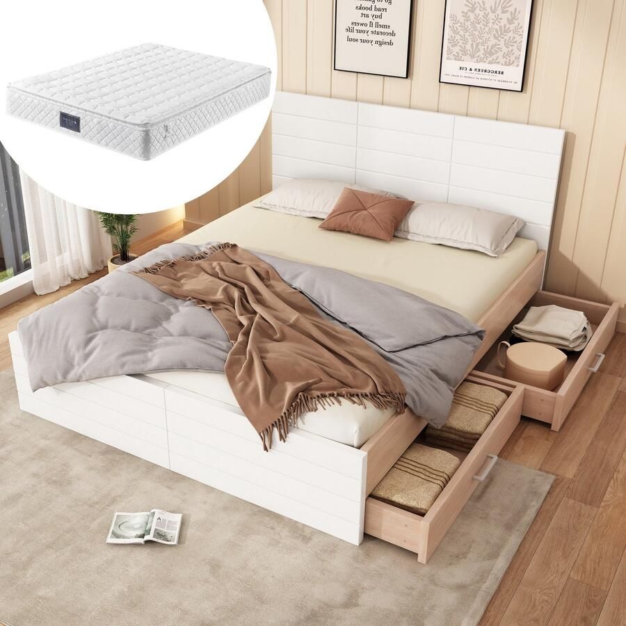 Pugsdrly Tweepersoonsbed Houten bed 160×200 cm met 2 lades modern bed incl. bedframe & lattenbodem 207×80×165 cm (L×H×B) set in eiken wit (met matras)