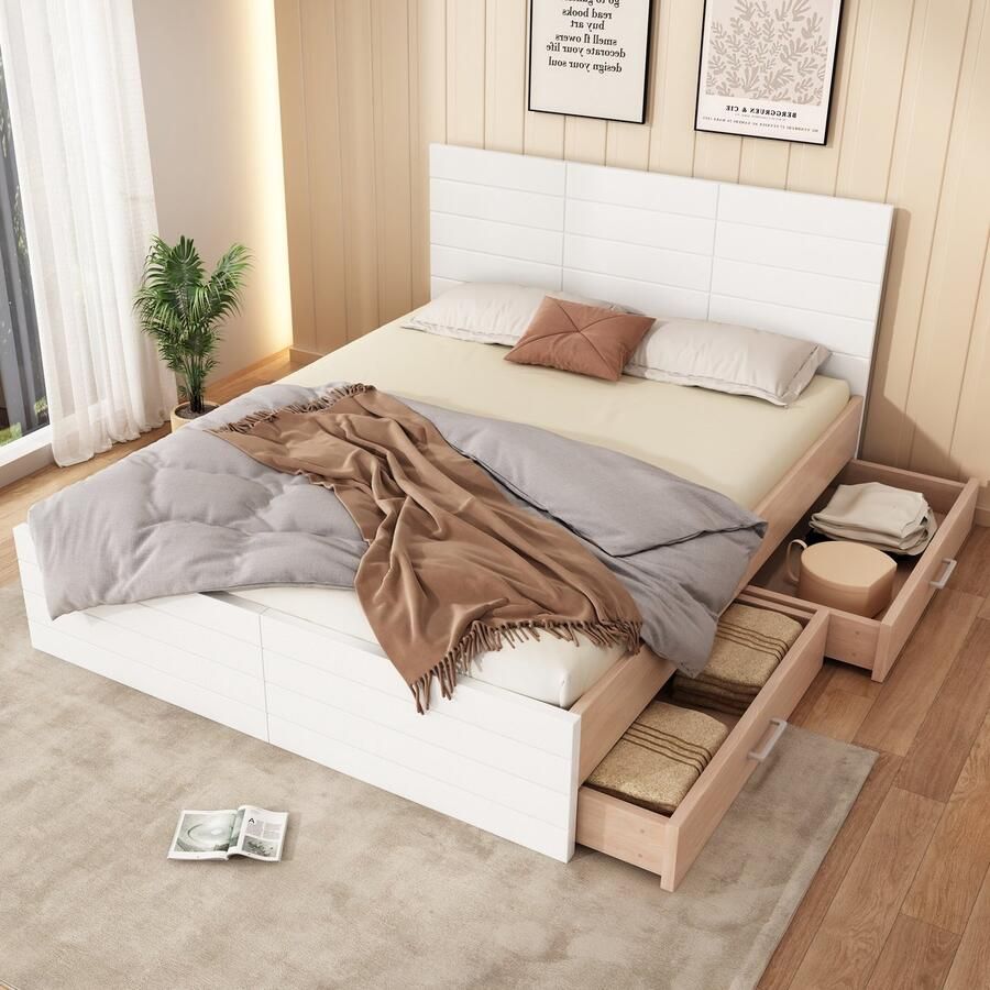 Pugsdrly Tweepersoonsbed Houten bed 180×200 cm met 2 lades modern bed incl. bedframe en lattenbodem 207×80×185 cm (L×H×B) Set in eiken wit (zonder matras)