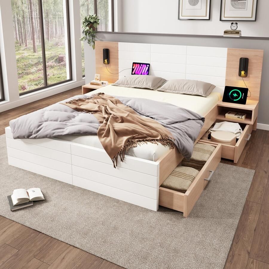 Pugsdrly Tweepersoonsbed Houten bed 180×200 cm met 2 lades hoofdeinde met leeslampje en USB-oplaadfunctie modern bed incl. 2 nachtkastjes bedframe en lattenbodem 255×80×207 cm set in eiken wit (zonder matras)