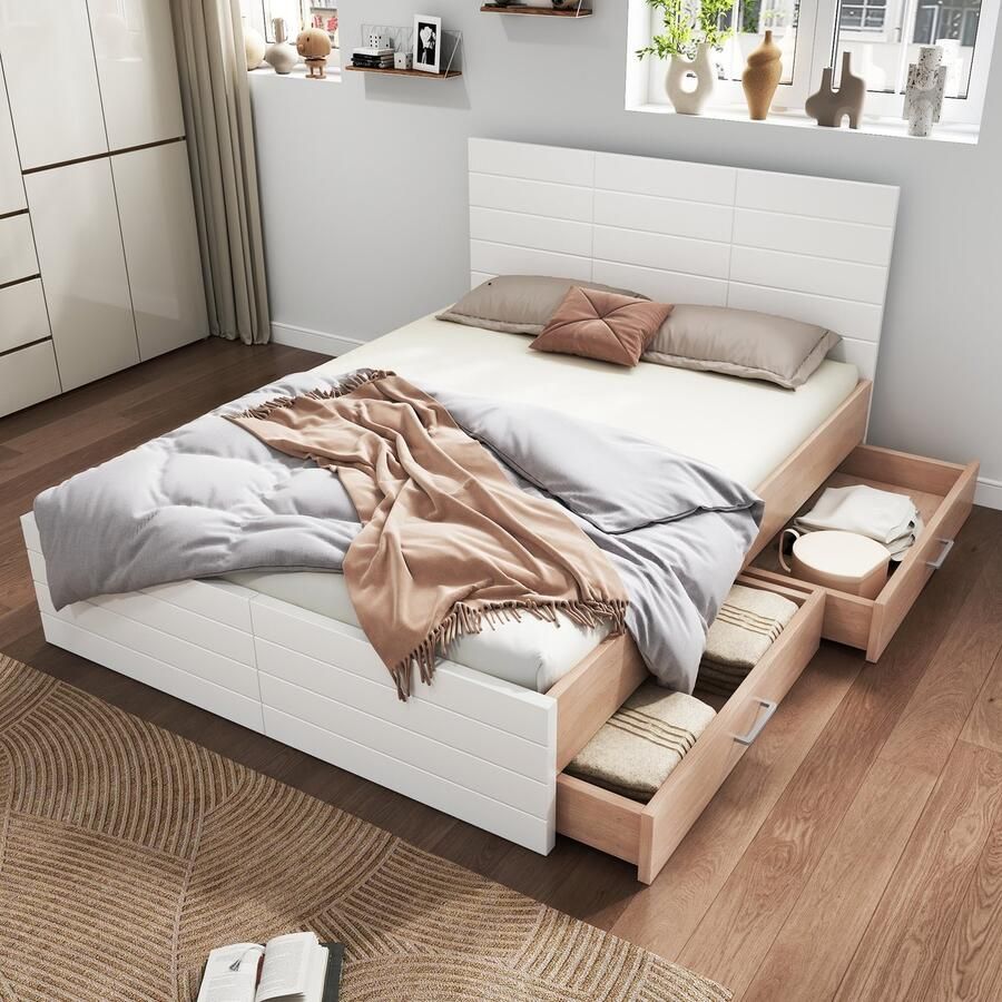 Pugsdrly Tweepersoonsbed Houten bed 160×200 cm met 2 lades modern bed incl. bedframe en lattenbodem 207×80×165 cm (L×H×B) set in eiken wit (zonder matras)