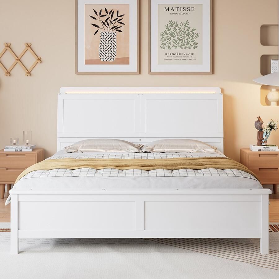 Pugsdrly Tweepersoonsbed open rek opbergvak met neerklapbare deur met omgevingslichtstrip warmgele lichtstrip vlakke bedden tieners en volwassenen grenen + MDF wit 140x200cm