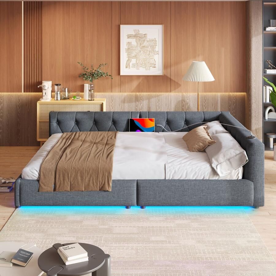 Pugsdrly Tweepersoonsbed Volwassen bed 140x200 cm Sofa bed met lattenbodem sfeerverlichting met USB+Type-C linnen grijs