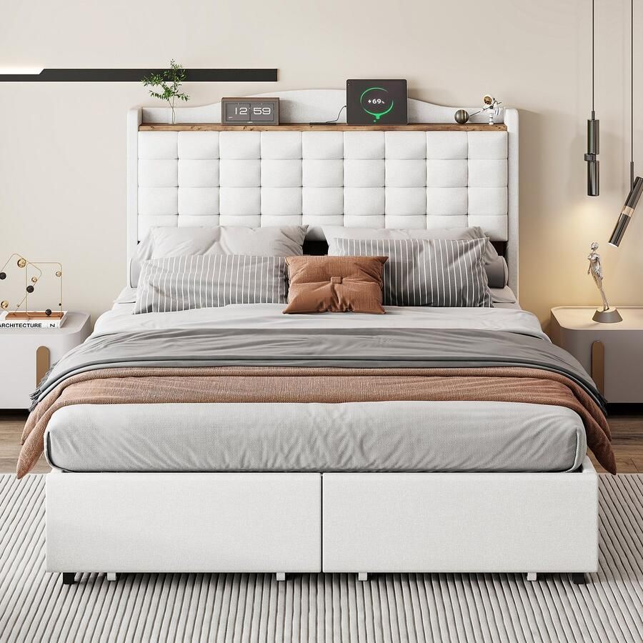 Pugsdrly Tweepersoonsbed Volwassen bed Gekleurd bed 140x200 cm Bed met 4 lades nachtkastje met USB-poort en plank linnen stoffen beige
