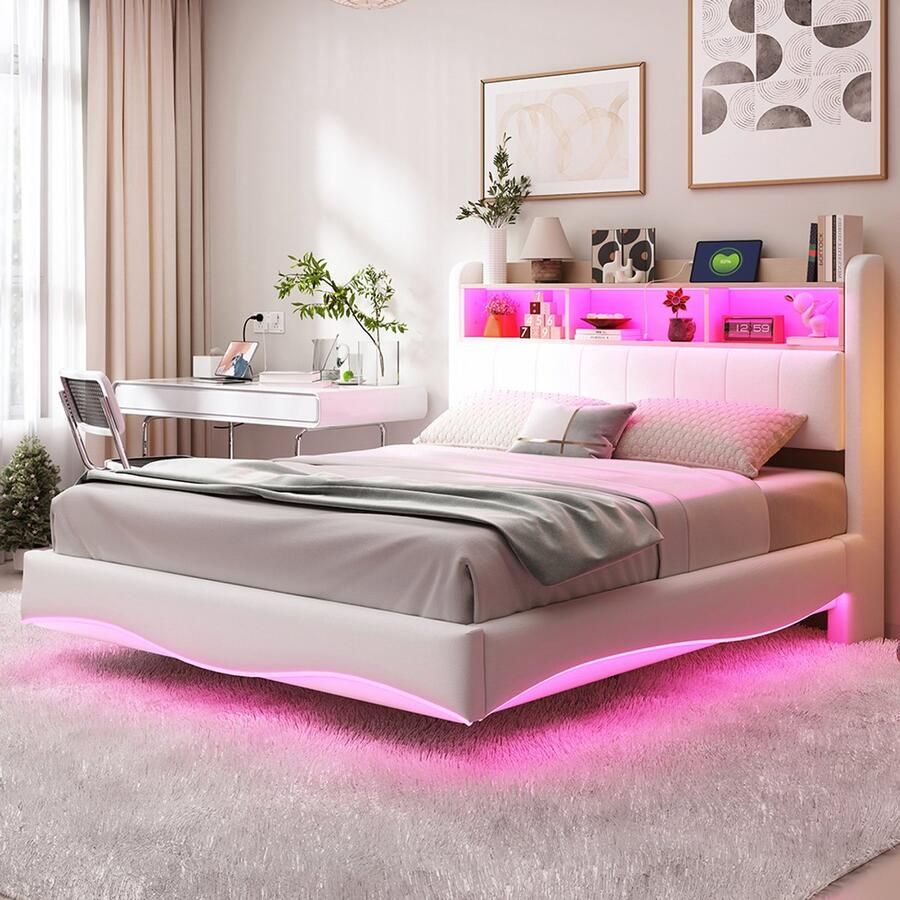 Pugsdrly Tweepersoonsbed Volwassen bed LED bed 140x200 cm multifunctioneel opbergbed met USB en TYPE-C interface Beige