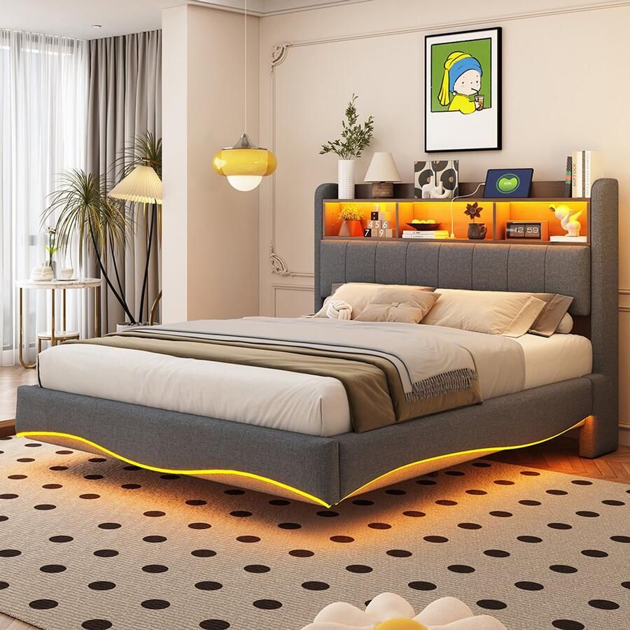 Pugsdrly Tweepersoonsbed Volwassen bed LED bed 140x200 cm multifunctioneel opbergbed met USB en TYPE-C interface Grijs