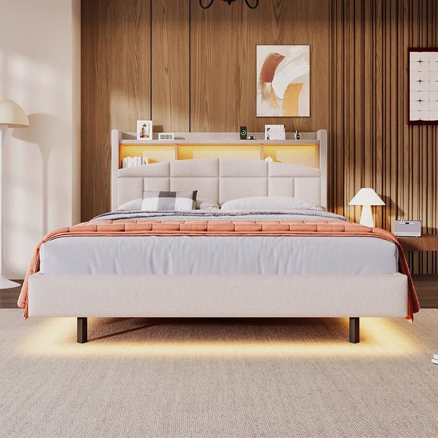 Pugsdrly Tweepersoonsbed Volwassen bed LED bed 140x200 cm neerklapbare tablet hoofdeinde met tablet usb+type-c beige