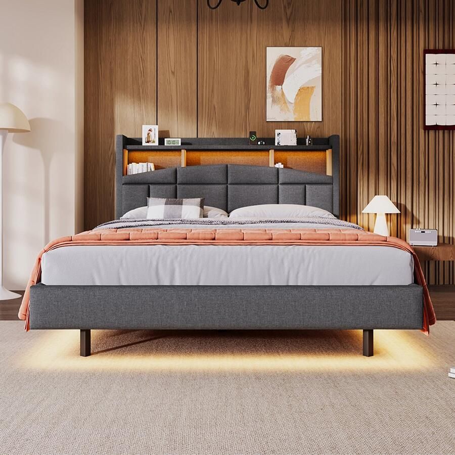 Pugsdrly Tweepersoonsbed Volwassen bed LED bed 140x200 cm neerklapbare tablet hoofdeinde met tablet usb+type-c grijs