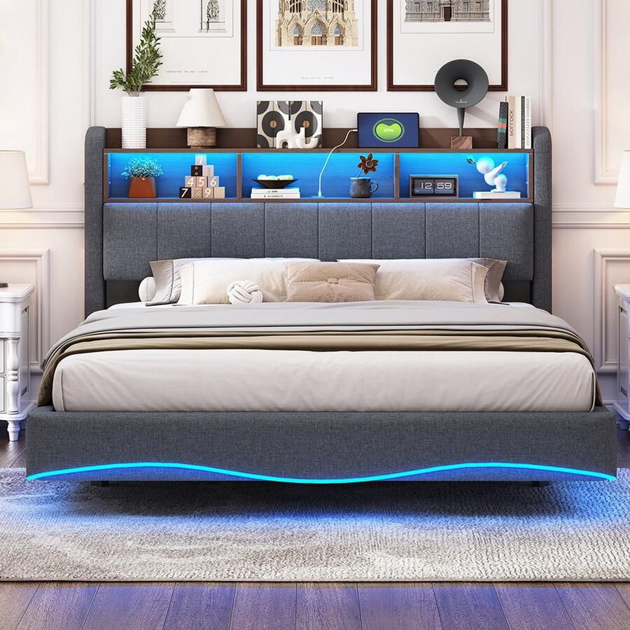 Pugsdrly Tweepersoonsbed Volwassen bed LED bed 160x200 cm multifunctioneel opbergbed met USB en TYPE-C interface Grijs
