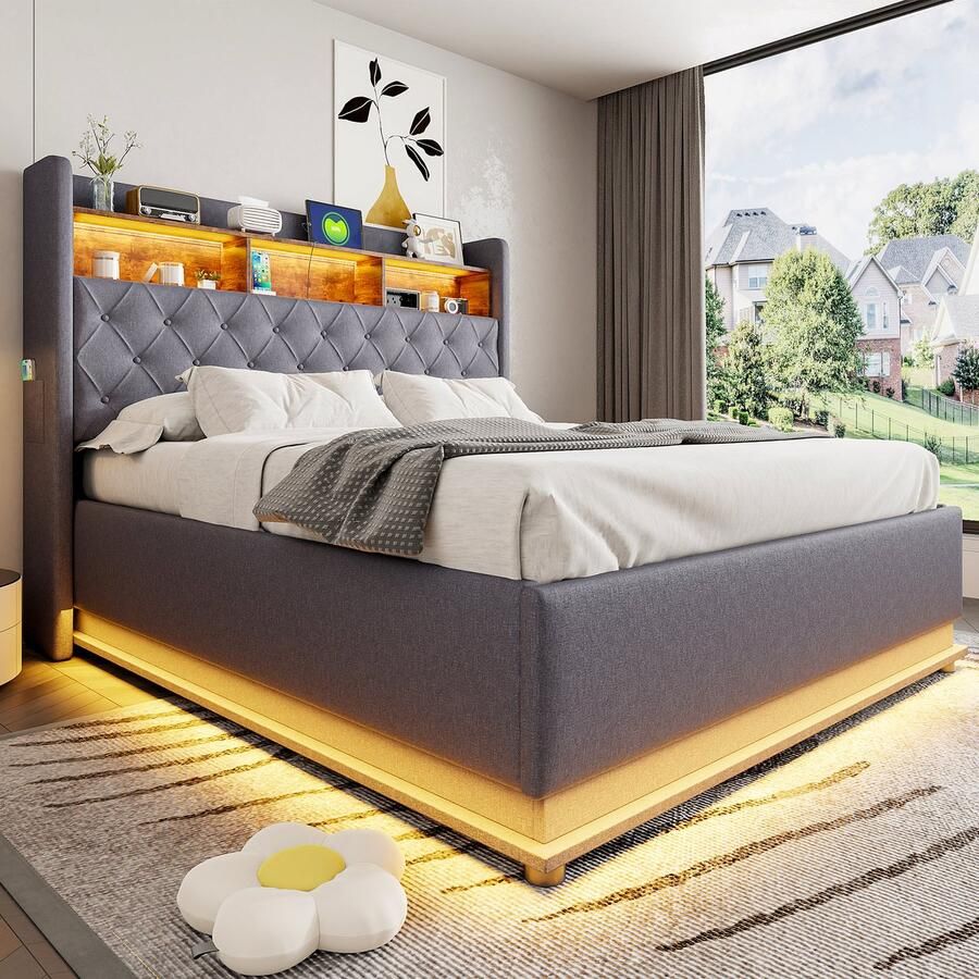 Pugsdrly Tweepersoonsbed Volwassen bed LED opbergbed 160 x 200 cm met opbergruimte USB oplaadpoort en hydraulische opberging linnen grijs