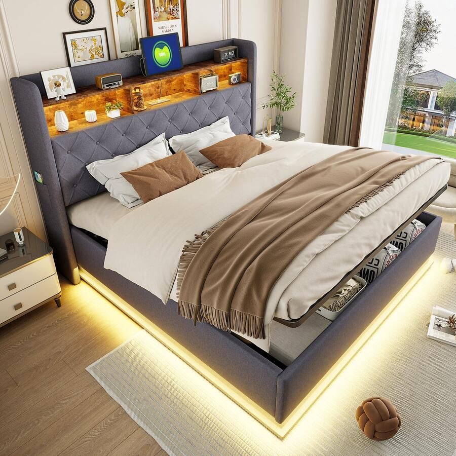 Pugsdrly Tweepersoonsbed Volwassen bed LED opbergbed 180 x 200 cm met opbergruimte USB oplaadpoort en hydraulische opberging linnen grijs