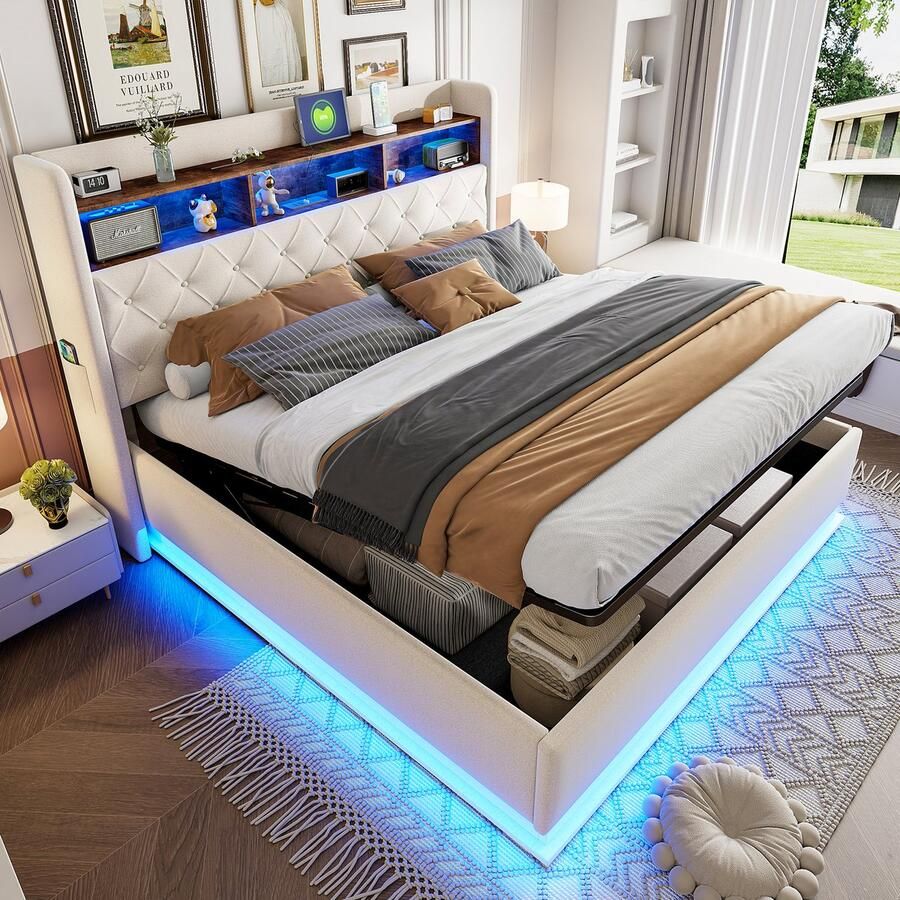 Pugsdrly Tweepersoonsbed Volwassen bed LED opbergbed 180 x 200 cm met opbergruimte USB oplaadpoort en hydraulische opberging linnen beige