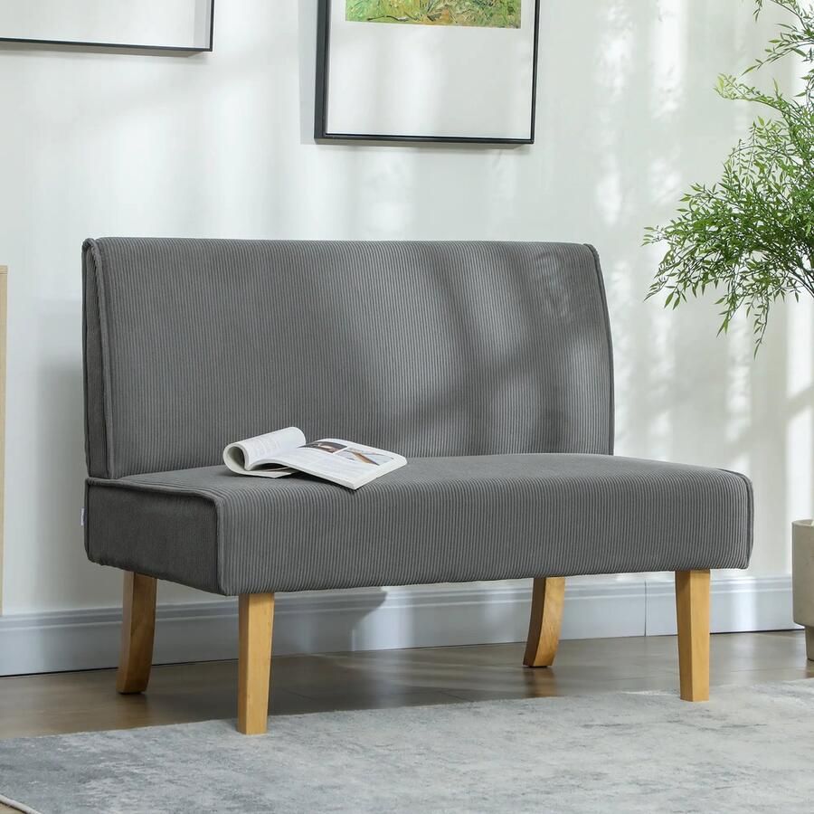 Pugsdrly Tweezitsbank met corduroy bekleding dikke vulling en stevige houten poten voor woonkamer slaapkamer kantoor grijs
