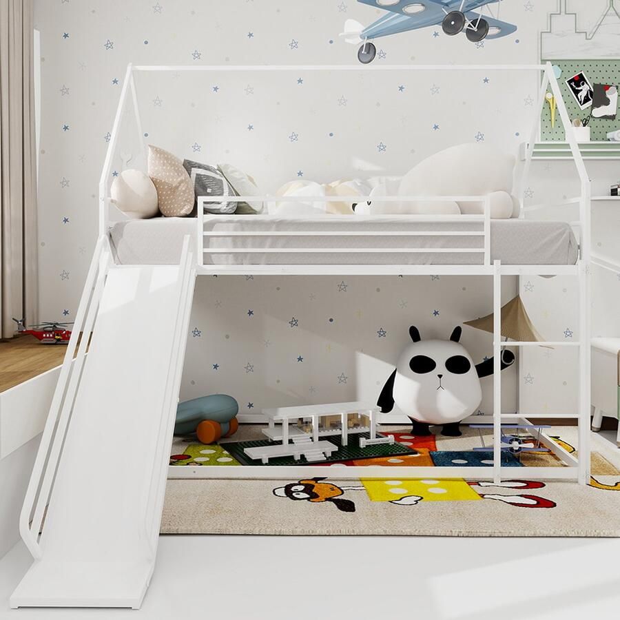Pugsdrly Twin over Twin stapelbed met glijbaan voor kinderkamer bedframe in de vorm van een huis met ladder geen bedbodem nodig en eenvoudig te monteren