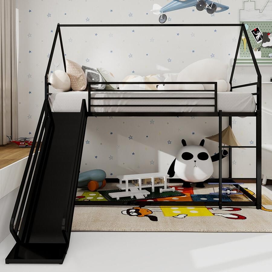 Pugsdrly Twin over Twin stapelbed met glijbaan voor kinderkamer bedframe in de vorm van een huis met ladder geen lattenbodem nodig en eenvoudig te monteren