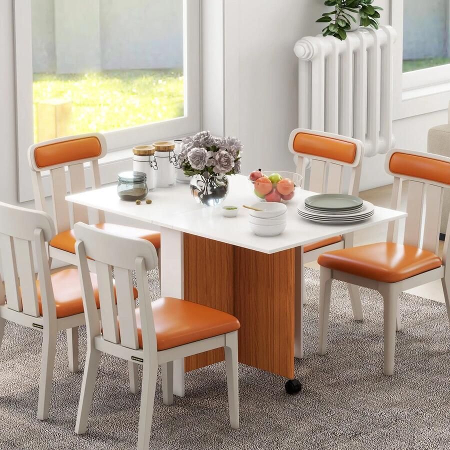 Pugsdrly Uitklapbare eettafel Uitschuifbare eettafel mobiel modern design 120 cm x 80 cm x 73 cm teak + wit