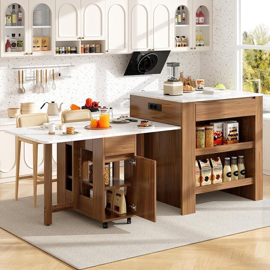Pugsdrly Uitschuifbare bartafel met opbergruimte (110-124×78×97 5 cm) voor 2 tot 6 personen keukeneiland met 2 lades 2 open planken aan de zijkanten en geïntegreerd stopcontact tafelblad van wit gemarmerd MDF bruin