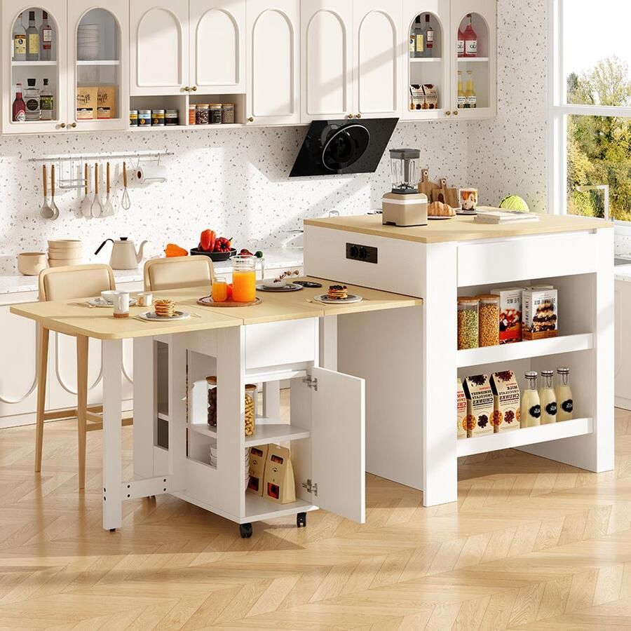 Pugsdrly Uitschuifbare bartafel met opbergruimte (110-124×78×97 5 cm) voor 2 tot 6 personen keukeneilanden met 2 lades 2 open planken aan de zijkant en geïntegreerd stopcontact tafelblad van wit gemarmerd MDF wit