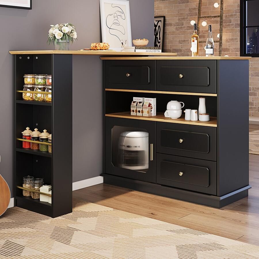 Pugsdrly Uitschuifbare bartafel met opbergruimte (125-181 × 39 × 104 5 cm) 360° draaibaar moderne verrijdbare bartafel hoge tafel voor keukeneiland bistrotafel buffetkast met planken en glas zwart