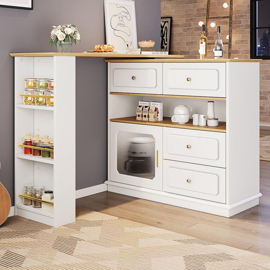 Pugsdrly Uitschuifbare bartafel met opbergruimte (125-181 × 39 × 104 5 cm) 360° draaibaar tafelblad moderne en verplaatsbare bartafel hoge keukeneilandtafel buffetkast met planken en glas wit