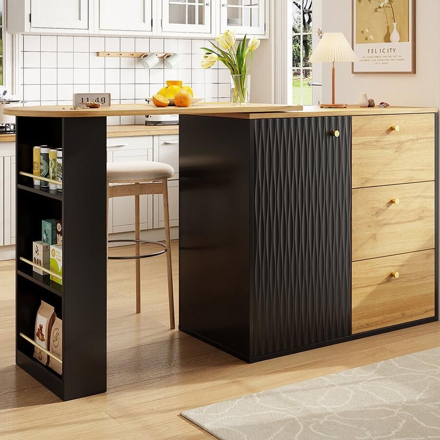 Pugsdrly Uitschuifbare bartafel met opbergruimte (138-204 × 39 × 104 cm) 360° draaibaar tafelblad moderne en verplaatsbare bartafel hoge keukentafel bistrotafel buffetkast met houtnerf