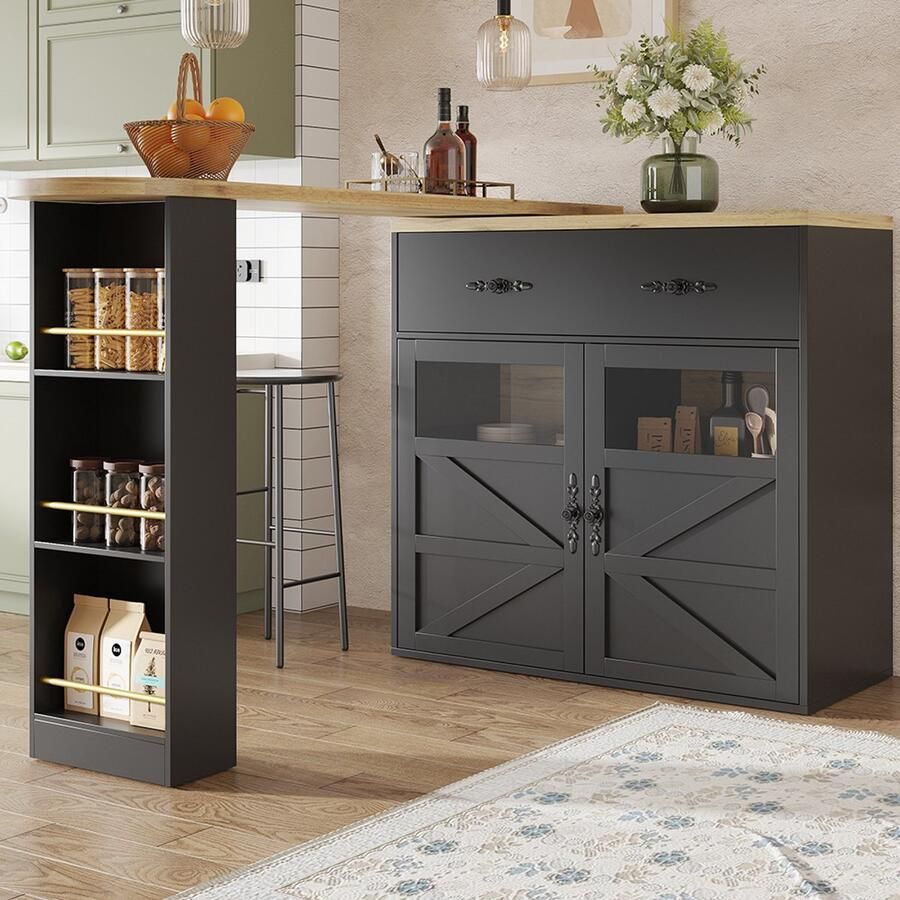 Pugsdrly Uitschuifbare bartafel met opbergruimte (138-204 × 39 × 104 cm) 360° draaibaar tafelblad moderne en verrijdbare bartafel hoge keukentafel bistrotafel buffetkast met planken zwart