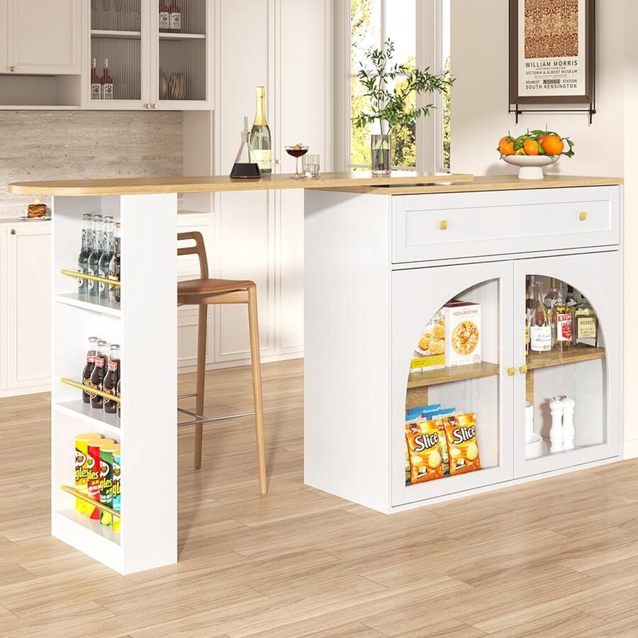 Pugsdrly Uitschuifbare bartafel met opbergruimte (138-204 × 39 × 104 cm) 360° draaibare eettafel moderne en verrijdbare bartafel hoge keukentafel bistrotafel buffetkast met planken en glas wit