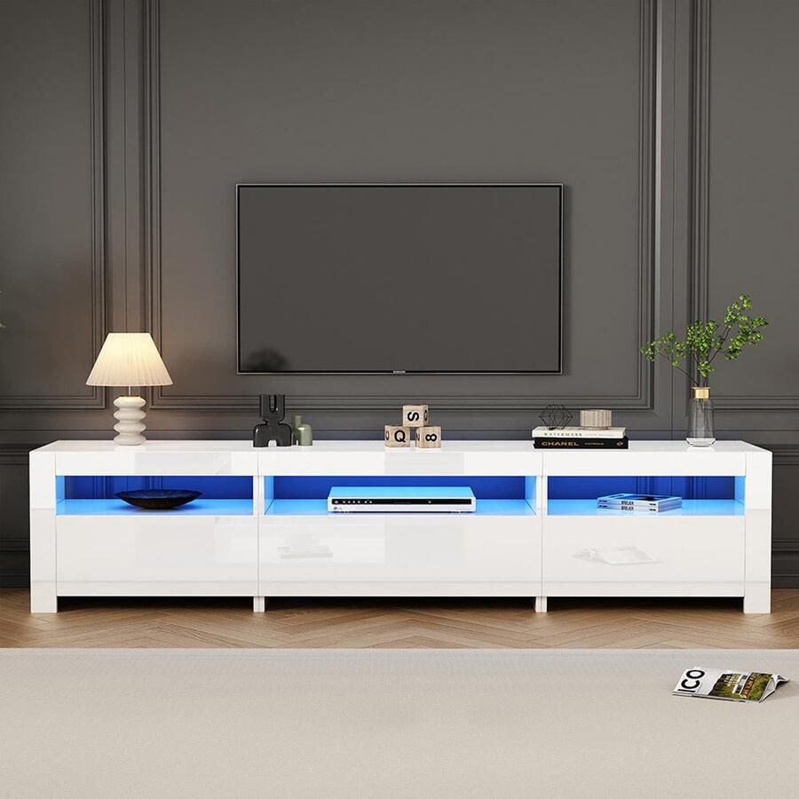 Pugsdrly Ultra glanzende witte tv-meubel met ledverlichting en opbergruimte witte onderkast geschikt voor een tv van 80 inch tv-meubel met klapdeur 190 x 24 x 40 cm