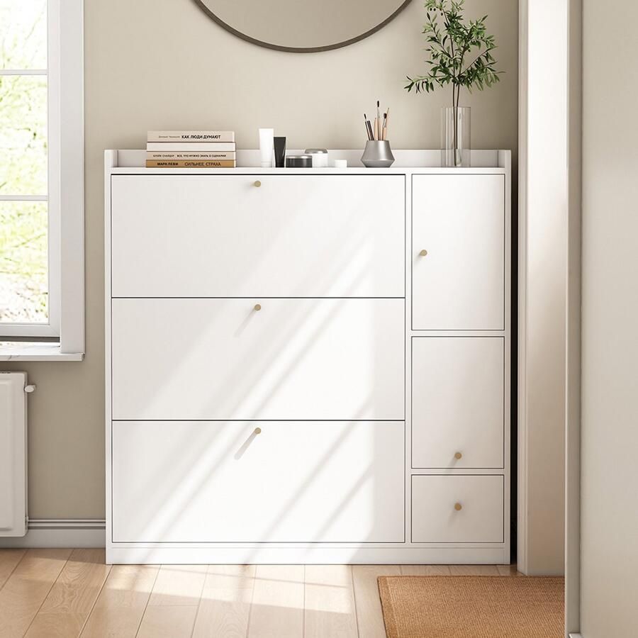 Pugsdrly Veelzijdige schoenenkast met 3 neerklapbare laden hal organizer met lade losse schoenenrek met neerklapbare bank voor in de gang wit 119*24*122