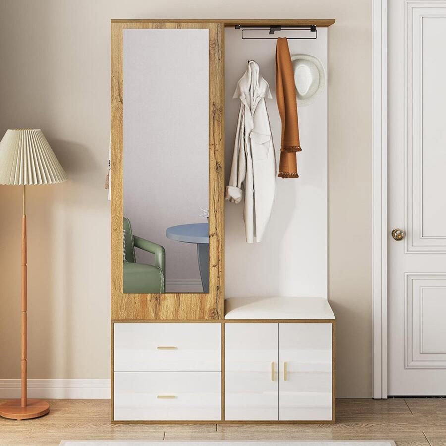 Pugsdrly Verfijnde garderobeset in wit en houtkleur met spiegel schoenenkast schoenenbank met haken en uitschuifbare kledingstang