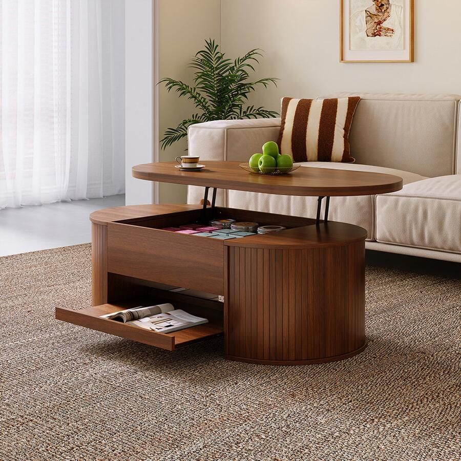 Pugsdrly Opklapbare salontafel met gebogen houten zijkanten uitschuifbare plank opklapbaar blad multifunctioneel meubel voor in de woonkamer