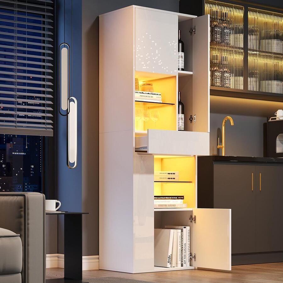 Pugsdrly Verkoopvitrine 55*38*170 cm hoge kast met 1 lade en 4 kasten glazen vitrine Glazen kasten met ledverlichting vitrines met glanzend design salonkasten vitrines displaykasten wit