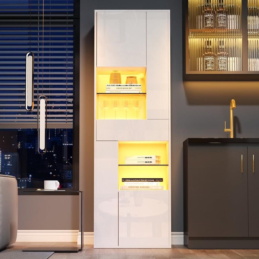 Pugsdrly Verkoopvitrine 55*38*170 cm hoge kast met 1 lade en 4 kasten glazen vitrine Glazen kasten met ledverlichting vitrines met glanzend design salonkasten vitrines displaykasten wit