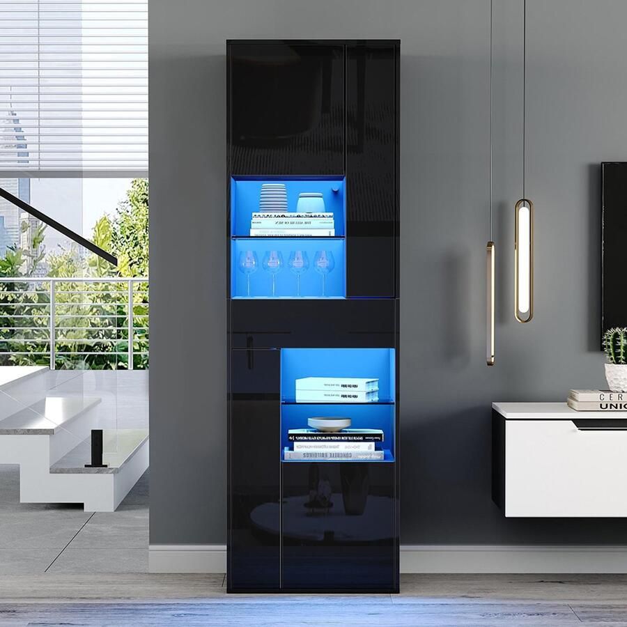 Pugsdrly Verkoopvitrine 55*38*170 cm hoge kast met 1 lade en 4 kasten glazen vitrine vitrinekasten met ledverlichting vitrines met glanzend design salonkasten vitrines displaykasten zwart