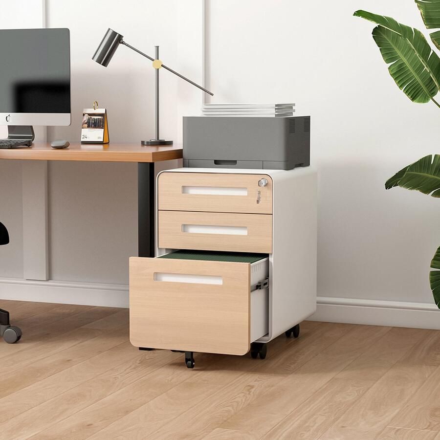 Pugsdrly Verrijdbare archiefkast voor onder het bureau met 3 laden eenvoudige vormgeving veelzijdige opslag voor juridische brief A4-bestanden anti-kantelontwerp met 5 wielen koudgewalst staal water- en vochtbestendig wit