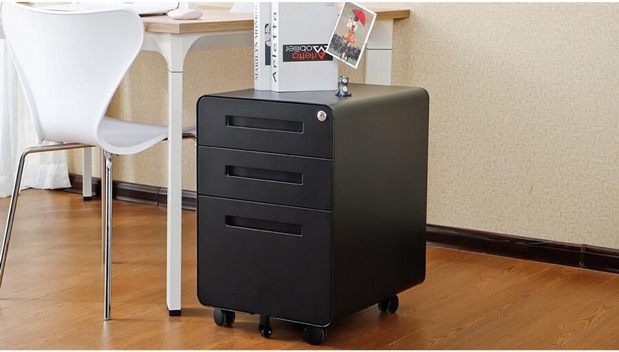 Pugsdrly Verrijdbare archiefkast voor onder het bureau met 3 laden veelzijdige eenvoudige opbergkast voor juridische brief A4-bestanden 5 kantelbare zwenkwielen koudgewalst staal water- en vochtbestendig zwart