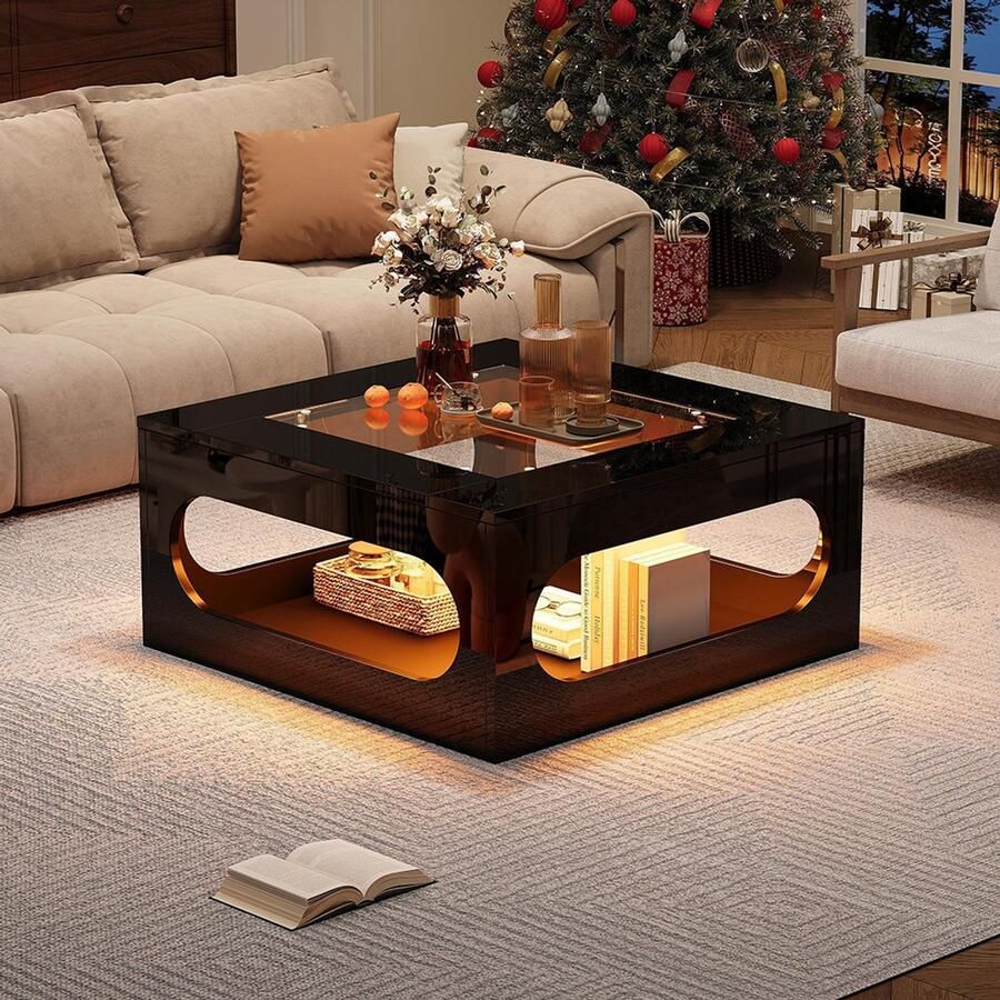 Pugsdrly Vierkante salontafel 70*70*35 cm salontafel met holle midden salontafel met blad van gehard glas glanzende bijzettafel met LED-verlichting kersttafel zwart MDF