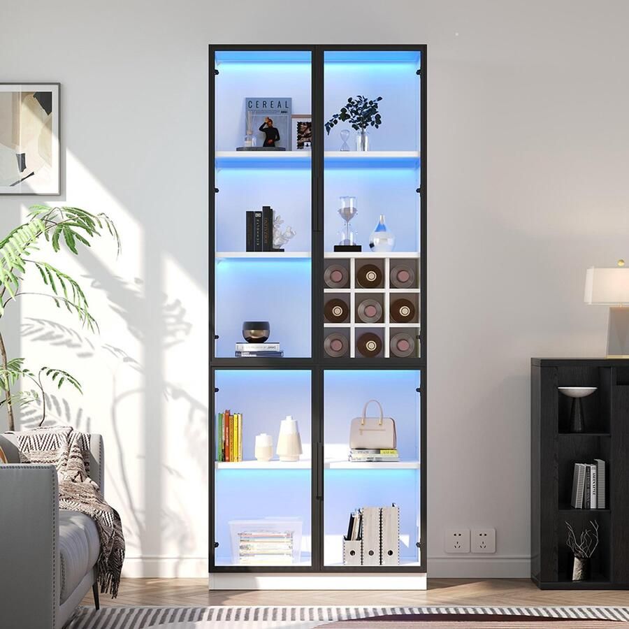 Pugsdrly Vitrinekast 80*35*200 cm glazen vitrinekast met glazen deuren en ledverlichting hoge kast boekenkast staande vitrinekast wijnkast Elegante buffetkast met dubbele deuren glazen plank en wijnrek