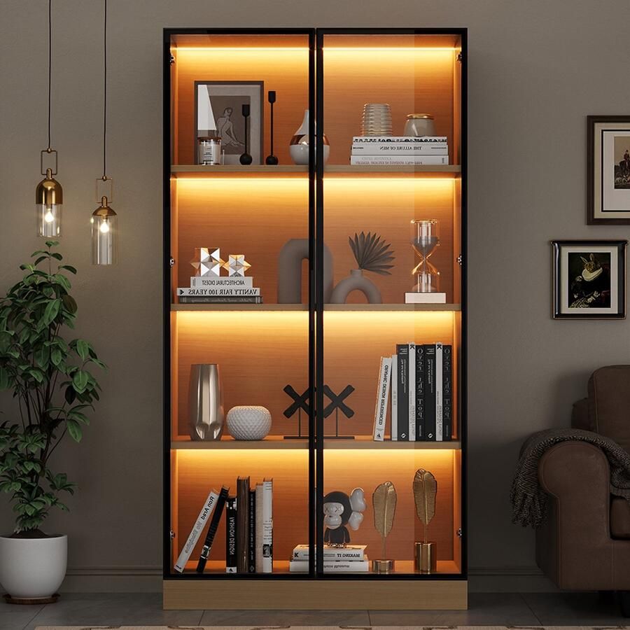 Pugsdrly Vitrinekast in eikenlook 70 × 40 × 160 cm – Houten vitrinekast met ledverlichting deuren van gehard glas en ledverlichting onder elke plank – Vitrinekasten boekenkasten wijnkasten badkamerkasten
