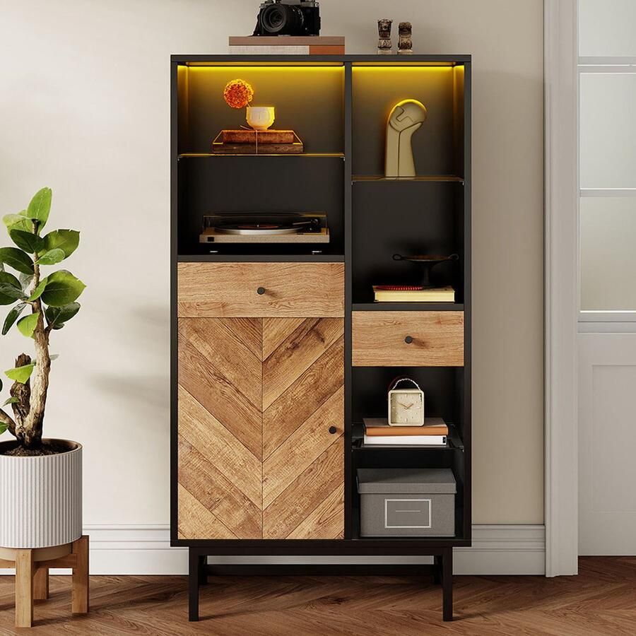 Pugsdrly Vitrinekast met LED-lichtbalk in 12 kleuren keukenkast met lades en glazen planken met driehoekige houtnerf