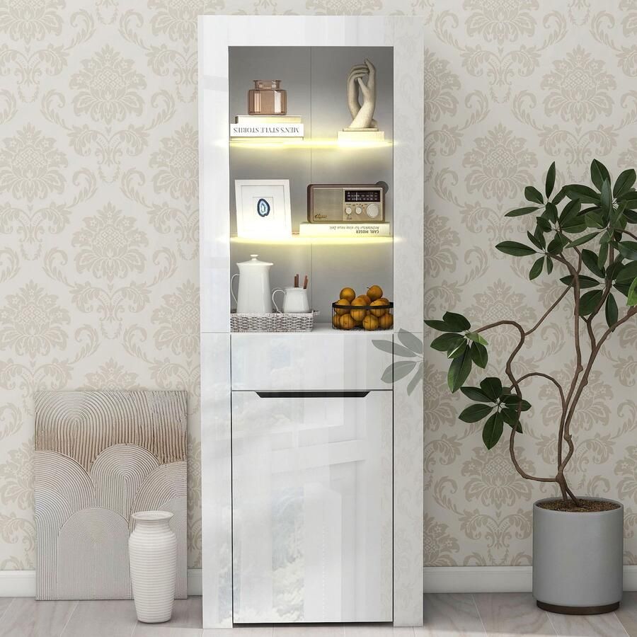 Pugsdrly Vitrinekast met led-verlichting boekenkast archiefkast staande vitrinekast opbergkast met planken vitrinekast keukenkast boekenkast voor keuken en woonkamer