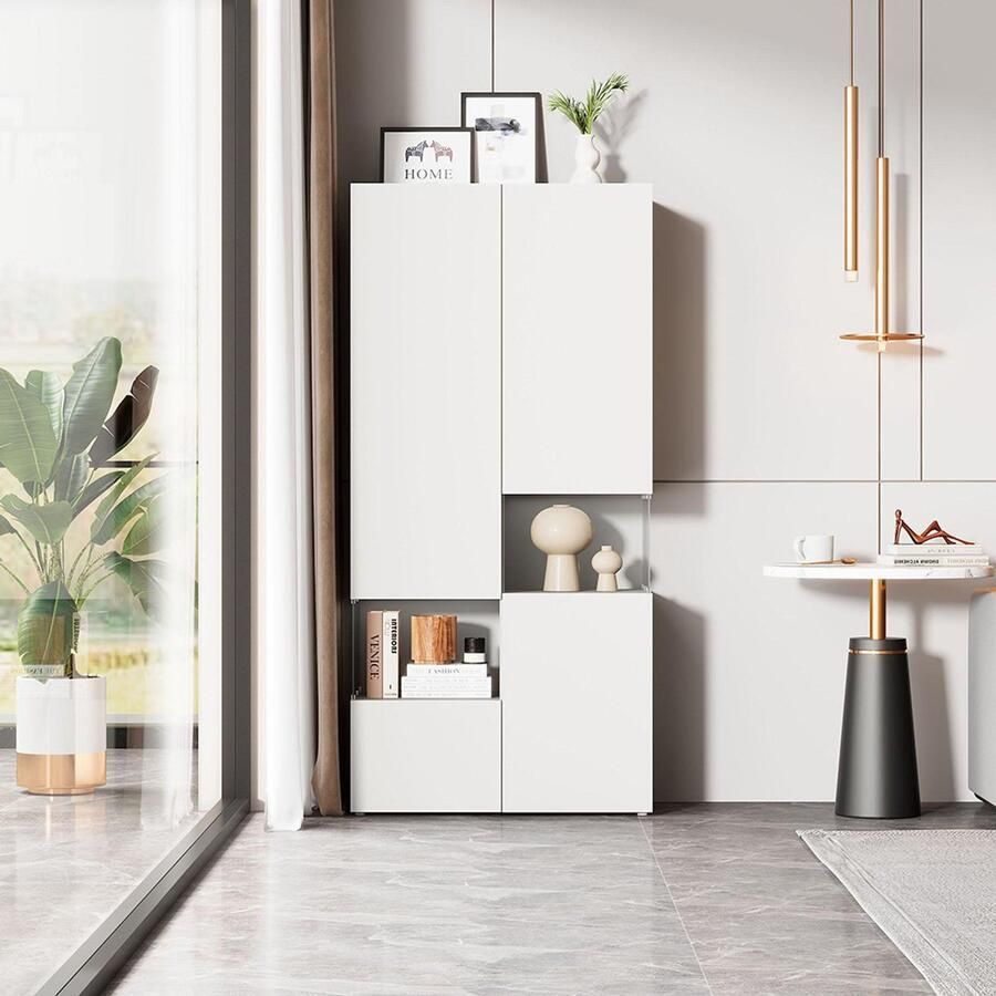 Pugsdrly Vitrinekast met ledverlichting hoge kast in transparant wit acryl vitrinekasten op voet multifunctionele kast voor woonkamer kantoor keuken open opbergruimte 80x38x170cm