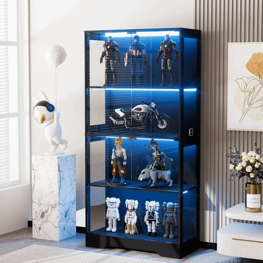 Pugsdrly Vitrinekast van gehard glas met bewegingssensorverlichting 3CCT vitrinekast met 4 niveaus voor verzamelobjecten opbergrek met glazen deuren boekenkast vitrinekast zwart